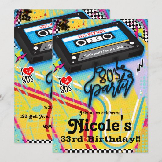 Invitation Fête d'anniversaire sur le thème des cassettes aud (Devant / Derrière)