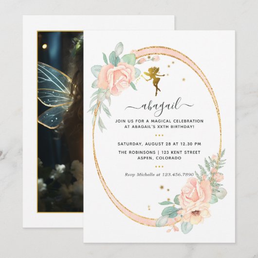 Invitation Fête d'anniversaire sur le thème des fées avec des (Devant / Derrière)