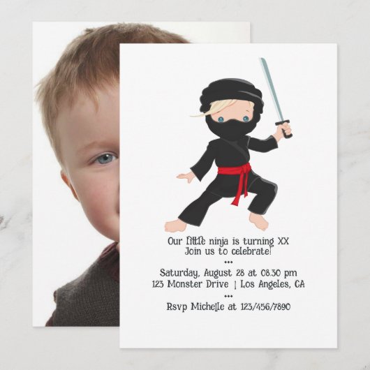 Invitation Fête d'anniversaire sur le thème des ninjas (Devant / Derrière)