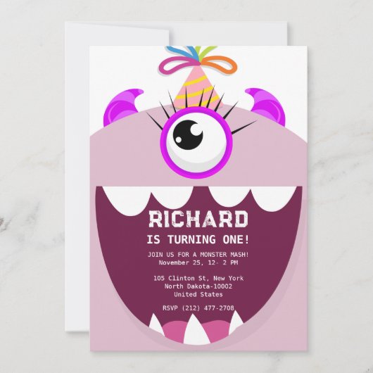 Invitation Fête d'anniversaire sur le thème des petits monstr (Devant)