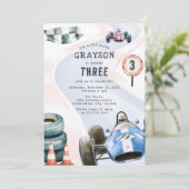 Invitation Fête d'anniversaire sur le thème des voitures de c (Debout devant)
