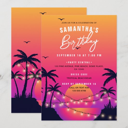 Invitation Fête d'anniversaire sur le thème du coucher de sol (Devant / Derrière)