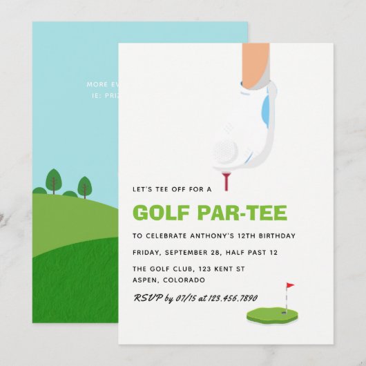 Invitation Fête d'anniversaire sur le thème du golf (Devant / Derrière)