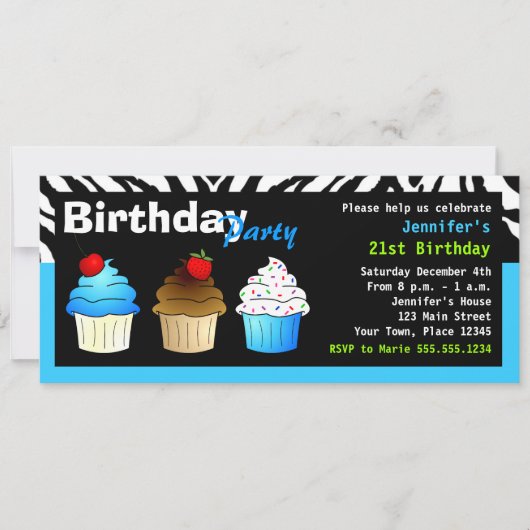 Invitation Fête d'anniversaire sur mesure Aqua Blue Zebra - C (Devant)