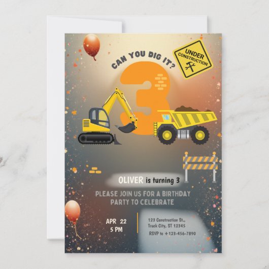 Invitation Fête d'anniversaire sur un chantier de constructio (Devant)