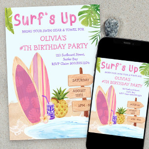 Invitation Fête d'anniversaire Surfboard pour filles