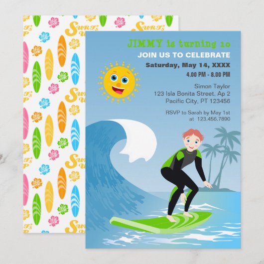 Invitation Fête d'anniversaire Surf's up boy (Devant / Derrière)