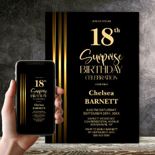 Invitation Fête d'anniversaire surprise 18 ans noir rayé or