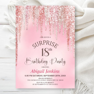 Invitation Fête d'anniversaire surprise 18 ans paillettes ros