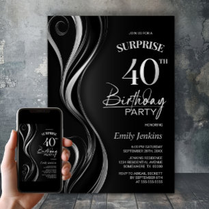 Invitation Fête d'anniversaire surprise 40 ans noir et gris