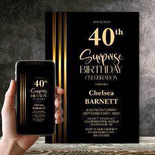 Invitation Fête d'anniversaire surprise 40 ans noir rayé or