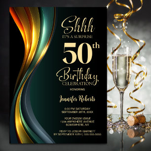 Invitation Fête d'anniversaire surprise 50 ans noir et or mod