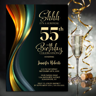 Invitation Fête d'anniversaire surprise 55 ans noir et or mod