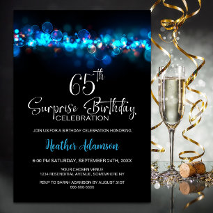 Invitation Fête d'anniversaire surprise 65 ans Blue Bokeh Bla