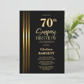 Invitation Fête d'anniversaire surprise 70 ans, noir rayé or (Debout devant)