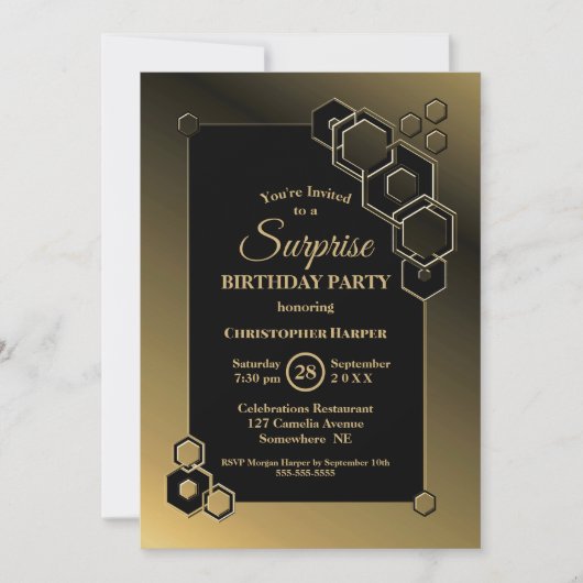 Invitation Fête d'anniversaire surprise avec bordure dorée gé (Devant)