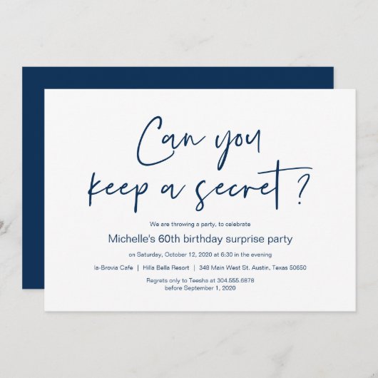 Invitation Fête d'anniversaire surprise, bleu marine (Devant / Derrière)