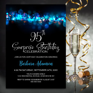 Invitation Fête d'anniversaire surprise Blue Bokeh Black 95 a
