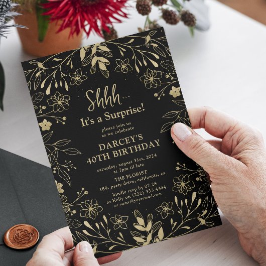 Invitation Fête d'anniversaire surprise botanique noir et or