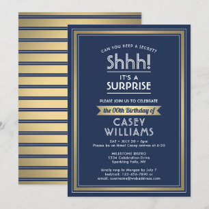 Invitation Fête d'anniversaire surprise Chut ! Bleu marine et