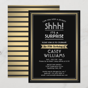 Invitation Fête d'anniversaire surprise Chut ! Noir, blanc et
