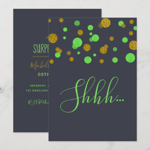 Invitation Fête d'anniversaire surprise confettis vert et or
