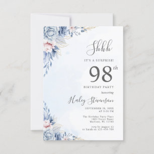 Invitation Fête d'anniversaire surprise de 98 ans bleu poussi