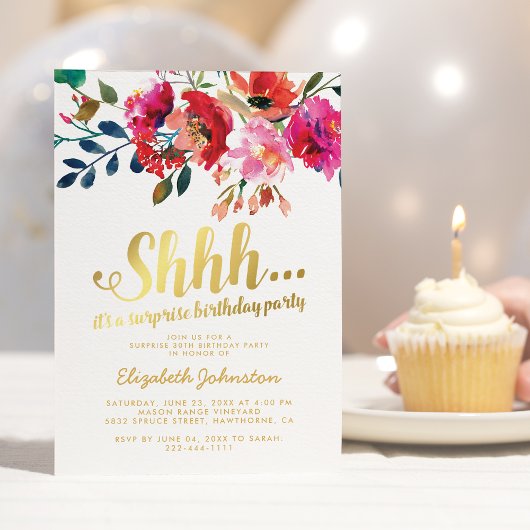 Invitation Fête d'anniversaire surprise élégante avec fleurs 