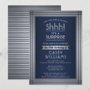 Invitation Fête d'anniversaire surprise élégante bleu marine 