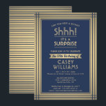 Invitation Fête d'anniversaire surprise élégante bleu marine<br><div class="desc">Pouvez-vous garder un secret ? Invitez famille et amis à une célébration d'anniversaire surprise élégante et excitante avec des invitations personnalisées bleu marine et or. Tout le libellé de ce modèle est simple à personnaliser, y compris le message qui indique "Chut ! C'est une SURPRISE". Le design présente une bordure...</div>