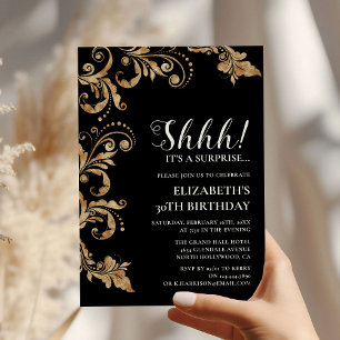 Invitation Fête d'anniversaire surprise élégante noir et or S