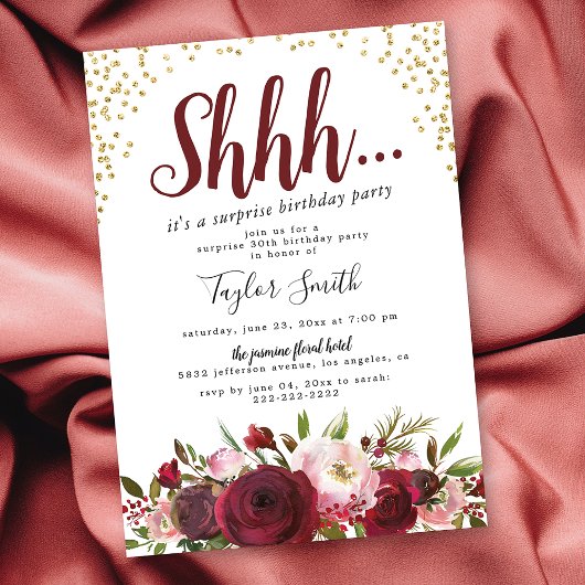 Invitation Fête d'anniversaire surprise Floral Burgundy Blush