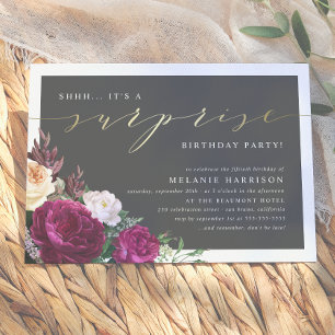Invitation Fête d'anniversaire surprise florale or et burgund