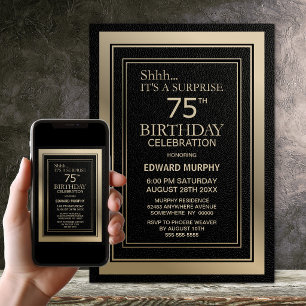 Invitation Fête d'anniversaire surprise moderne noir et or po