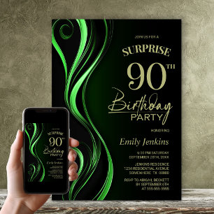 Invitation Fête d'anniversaire surprise noire et verte 90 ans