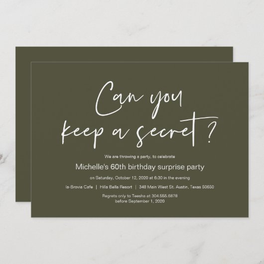 Invitation Fête d'anniversaire surprise, Olive Green (Devant / Derrière)