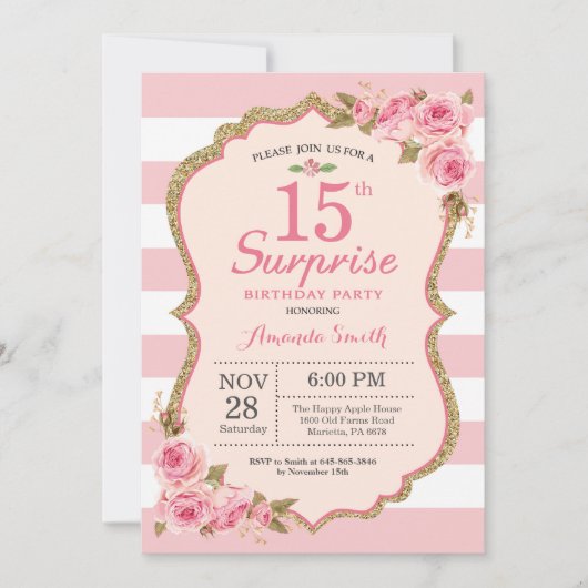Invitation Fête d'anniversaire surprise pour 15 ans aux pivoi (Devant)