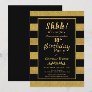 Invitation Fête d'anniversaire surprise rayée Or Noir 18 ans