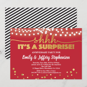 Invitation Fête d'anniversaire surprise rouge rubis et or