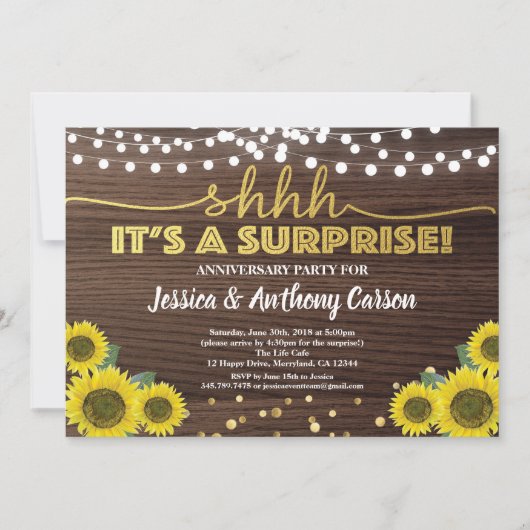 Invitation Fête d'anniversaire surprise rustique tournesol or (Devant)