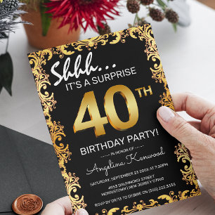 Invitation Fête d'anniversaire surprise stylée noire et or po