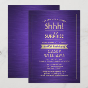Invitation Fête d'anniversaire surprise Violet et Or Brossés