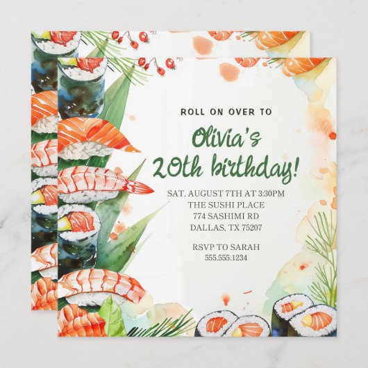 Invitation Fête d'anniversaire Sushi (Devant / Derrière)
