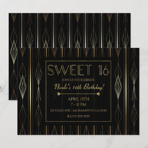 Invitation Fête d'anniversaire Sweet 16 Art déco noir et or