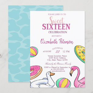 Invitation Fête d'anniversaire Sweet 16 au thème Flamant Rose