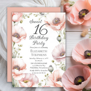 Invitation Fête d'anniversaire Sweet 16 aux coquelicots rose