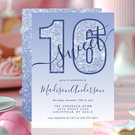 Invitation Fête d'anniversaire Sweet 16 avec écriture paillet