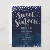 Invitation Fête d'anniversaire Sweet 16 Bleu et Argent Starry (Devant)
