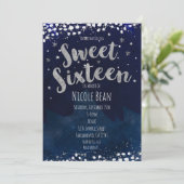 Invitation Fête d'anniversaire Sweet 16 Bleu et Argent Starry (Debout devant)