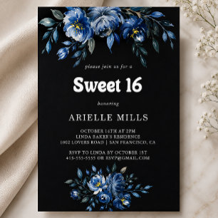 Invitation Fête d'anniversaire Sweet 16 bleu floral de la Roy